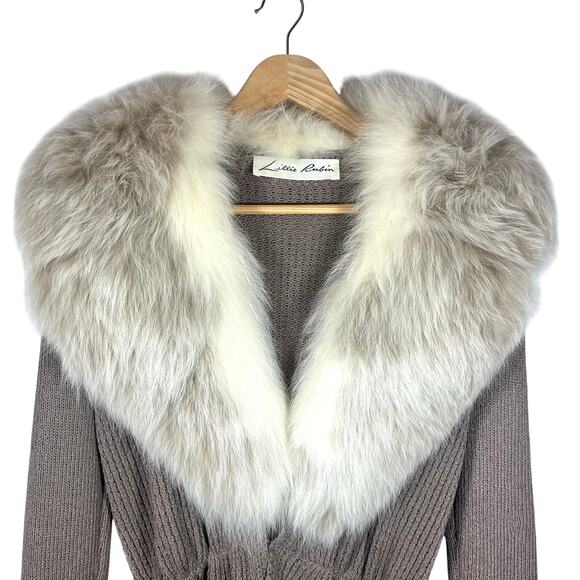 Vintage Lillie Rubin Ribbed Knit Peplum Cardigan Fox Fur Collar Luxury Jacket - Picture 2 of 8